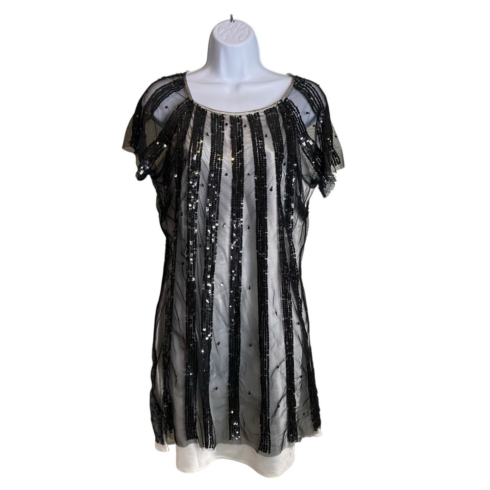 VTG Y2K Arden B Black Sequin Stripe Sheer Mini Dress L Gatsby‎ Party LBD Sparkly